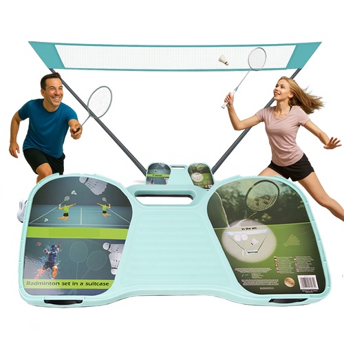 Set complet badminton, compus din 2 palete, 2 fluturasi, un fileu, 2 suporturi de sustinere, Bleu / Alb / Negru Set complet badminton, compus din 2 palete, 2 fluturasi, un fileu, 2 suporturi de sustinere, Bleu / Alb / Negru