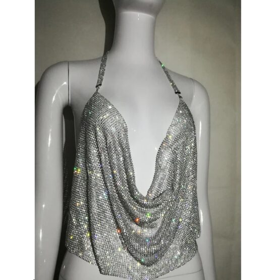 Maiou din mesh metalic cu cristale, model crop-top cu spate gol, Argintiu Maiou din mesh metalic cu cristale, model crop-top cu spate gol, Argintiu