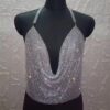 Maiou din mesh metalic cu cristale, model crop-top cu spate gol, Argintiu Maiou din mesh metalic cu cristale, model crop-top cu spate gol, Argintiu