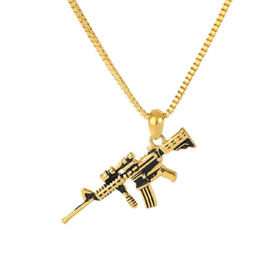 Lantisor cu pandantiv Pusca KESNUP, tip Carabina M4A1, din aliaj metalic Auriu Lantisor cu pandantiv Pusca KESNUP, tip Carabina M4A1, din aliaj metalic Auriu
