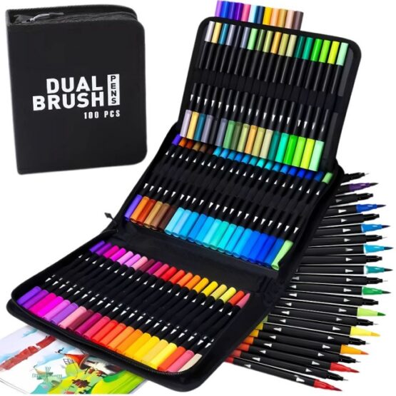 Set 100 carioci cu vard dublu, husa de protectie inclusa, Multicolor