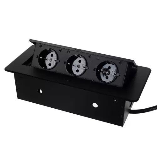Priza incastrabila in blat bucatarie / birou / mobilier cu 3 iesiri, Negru Priza incastrabila in blat bucatarie / birou / mobilier cu 3 iesiri, Negru