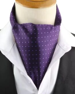 Esarfa ascot eleganta KESNUP, de purtat la gat cu camasa sau sacou, material poliester calitativ cu aspect de matase, dimensiuni 117 x 15.5 cm, stil elegant british gentleman, de ocazie, model picatele, Mov