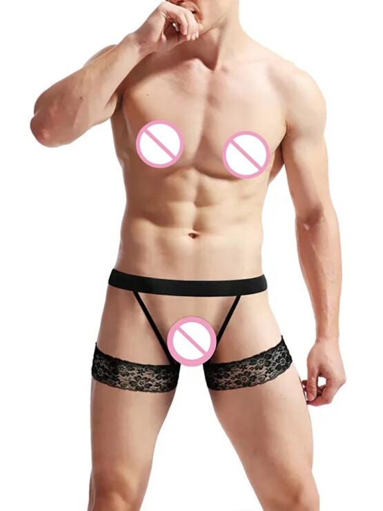 Lenjerie sexy barbati KESNUP, model erotic tip portjartier, cu bretele elastice și dantelă neagră pe coapse, marime universala, material poliester, Black 1 Lenjerie sexy barbati KESNUP, model erotic tip portjartier, cu bretele elastice și dantelă neagră pe coapse, marime universala, material poliester, Black