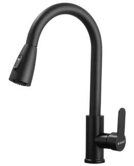 0Baterie chiuveta cu dus extractabil si maner lat KESNUP, 2 functii (jet normal / spray), furtun extensibil (aprox. 80 cm), finisaj mat, montare inalta, ideala pentru chiuvete moderne si spatioase, tehnologie eco - economie pana la 50%, aluminiu, Negru