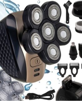 Aparat de ras profesional pentru cap si fata cu 6 lame oscilante rotative KESNUP, include set complet cu trimmer de precizie si perii curatare, accesorii barba, nas, urechi, perciuni, rezistent la apa IPX6, durata functionare 1.5 ore, alimentre USB, Negru