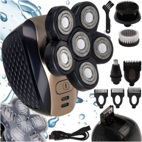 Aparat de ras profesional pentru cap si fata cu 6 lame oscilante rotative KESNUP, include set complet cu trimmer de precizie si perii curatare, accesorii barba, nas, urechi, perciuni, rezistent la apa IPX6, durata functionare 1.5 ore, alimentre USB, Negru 1 Aparat de ras profesional pentru cap si fata cu 6 lame oscilante rotative KESNUP, include set complet cu trimmer de precizie si perii curatare, accesorii barba, nas, urechi, perciuni, rezistent la apa IPX6, durata functionare 1.5 ore, alimentre USB, Negru