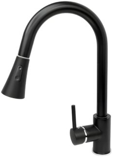 Baterie chiuveta cu dus extractabil si maner subtire KESNUP 2 functii (jet normal / spray), furtun extensibil (aprox. 80 cm), finisaj mat, montare inalta, ideala pentru chiuvete moderne si spatioase, tehnologie eco - economie pana la 50%, aluminiu, Negru