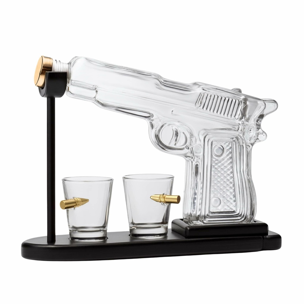 Set decantor whiskey in forma de pistol cu 2 pahare incluse KESNUP, capacitate decantor 230 ml, pahar 50 ml, cu suport din lemn, dimensiune 23.5 x 16.5 cm, ideal pentru coniac, scotch, bourbon, vin, material sticla, Transparent