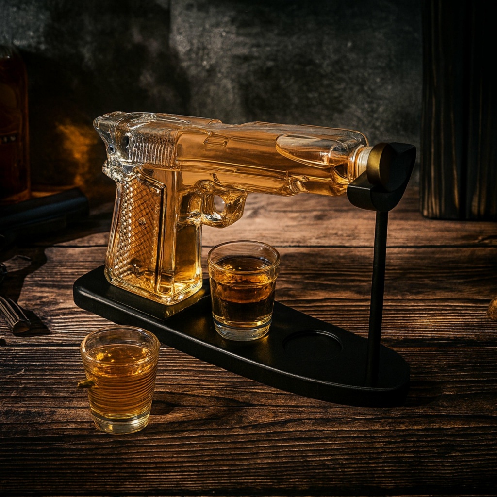Set decantor whiskey in forma de pistol cu 2 pahare incluse KESNUP, capacitate decantor 230 ml, pahar 50 ml, cu suport din lemn, dimensiune 23.5 x 16.5 cm, ideal pentru coniac, scotch, bourbon, vin, material sticla, Transparent