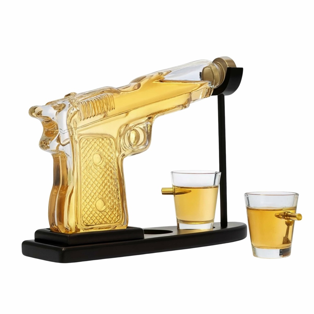Set decantor whiskey in forma de pistol cu 2 pahare incluse KESNUP, capacitate decantor 230 ml, pahar 50 ml, cu suport din lemn, dimensiune 23.5 x 16.5 cm, ideal pentru coniac, scotch, bourbon, vin, material sticla, Transparent