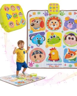 Covoras muzical interactiv de dans pentru copii KESNUP, varsta 3+ ani, motive animale, 9 campuri, 4 moduri si de ajustare al nivelui de dificultate, melodii vesele, lumini LED, moale la atingere, alimentare baterii, dimensiune 82 x 65 cm, Multicolor