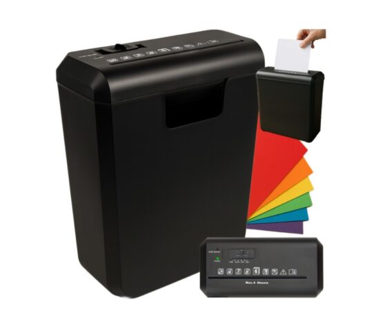 Distrugator de documente cu capacitate de taiere 6 coli tip A4 KESNUP, taiere in banda tip strip-cut, protectie supraincalzire, capacitate cos 10L, dimensiuni 30.5 x 15.5 x 31.5 cm, Negru