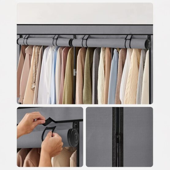Dulap pliabil din material textil KESNUP, sifonier pentru haine si incaltaminte cu suport metalic, rafturi, tub de otel 16 mm, cu fermoar, usor de asamblat, material netesut ingrosat, rezistent la praf, dimensiuni 165 x 42 x 165 cm, Gri 2 Dulap pliabil din material textil KESNUP, sifonier pentru haine si incaltaminte cu suport metalic, rafturi, tub de otel 16 mm, cu fermoar, usor de asamblat, material netesut ingrosat, rezistent la praf, dimensiuni 165 x 42 x 165 cm, Gri