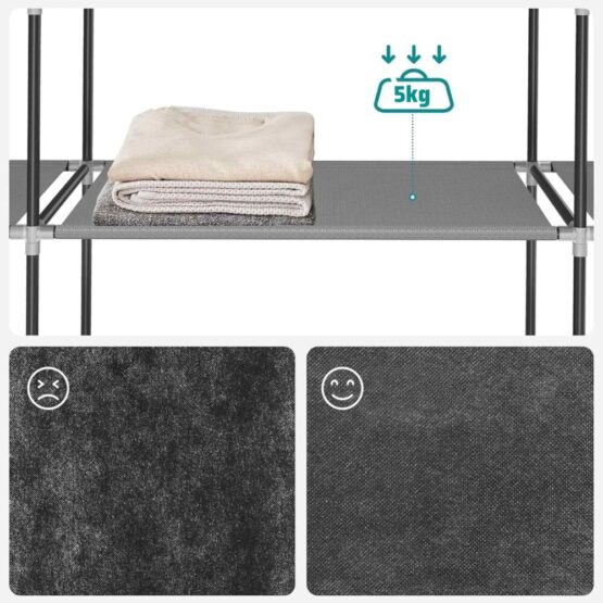 Dulap pliabil din material textil KESNUP, sifonier pentru haine si incaltaminte cu suport metalic, rafturi, tub de otel 16 mm, cu fermoar, usor de asamblat, material netesut ingrosat, rezistent la praf, dimensiuni 165 x 42 x 165 cm, Gri 4 Dulap pliabil din material textil KESNUP, sifonier pentru haine si incaltaminte cu suport metalic, rafturi, tub de otel 16 mm, cu fermoar, usor de asamblat, material netesut ingrosat, rezistent la praf, dimensiuni 165 x 42 x 165 cm, Gri