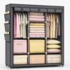 Dulap pliabil din material textil KESNUP, sifonier pentru haine si incaltaminte cu suport metalic, rafturi de depozitare, 2 sectiuni pentru umerase, 4 buzunare laterale, cu fermoar, usor de asamblat, dimensiuni 170 x 45 x 130 cm, Gri Inchis