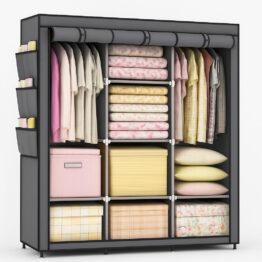Dulap pliabil din material textil KESNUP, sifonier pentru haine si incaltaminte cu suport metalic, rafturi de depozitare, 2 sectiuni pentru umerase, 4 buzunare laterale, cu fermoar, usor de asamblat, dimensiuni 170 x 45 x 130 cm, Gri Inchis