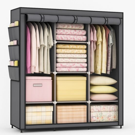 Dulap pliabil din material textil KESNUP, sifonier pentru haine si incaltaminte cu suport metalic, rafturi de depozitare, 2 sectiuni pentru umerase, 4 buzunare laterale, cu fermoar, usor de asamblat, dimensiuni 170 x 45 x 130 cm, Gri Inchis