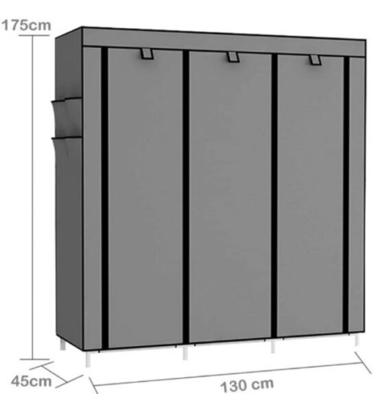 Dulap pliabil din material textil KESNUP, sifonier pentru haine si incaltaminte cu suport metalic, rafturi de depozitare, 2 sectiuni pentru umerase, 4 buzunare laterale, cu fermoar, usor de asamblat, dimensiuni 170 x 45 x 130 cm, Gri Inchis