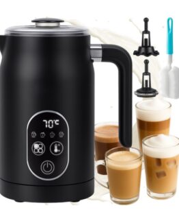 Aparat pentru spumat laptele rece / cald cu afisaj LED Kesnup, 2 capete incluse, multifunctional 4-in-1, ideal pentru cafea, cappuccino, ciocolata, spumare 140ml, incalzire 270 ml, control temperatura 55-70°C, durata preparare 90 sec, auto-oprire, Negru