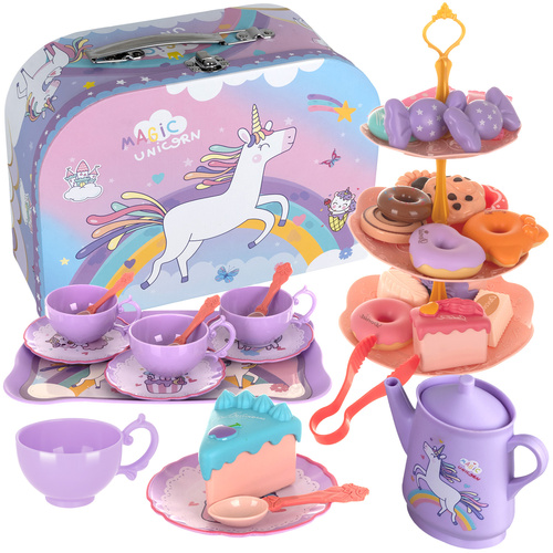 Set jucarie educativa 48 de piese pentru petrecerea de ceai KESNUP, ideal pentru copii 3+ ani, include ceainic, cesti, farfurii, tacamuri, bomboane, gogosi, macarons, fursecuri, geanta de protectie si transport cu unicorn, Multicolor