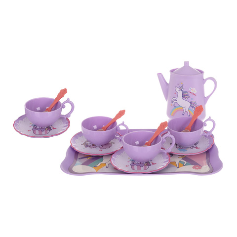 Set jucarie educativa 48 de piese pentru petrecerea de ceai KESNUP, ideal pentru copii 3+ ani, include ceainic, cesti, farfurii, tacamuri, bomboane, gogosi, macarons, fursecuri, geanta de protectie si transport cu unicorn, Multicolor