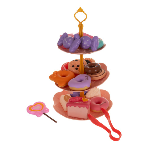 Set jucarie educativa 48 de piese pentru petrecerea de ceai KESNUP, ideal pentru copii 3+ ani, include ceainic, cesti, farfurii, tacamuri, bomboane, gogosi, macarons, fursecuri, geanta de protectie si transport cu unicorn, Multicolor