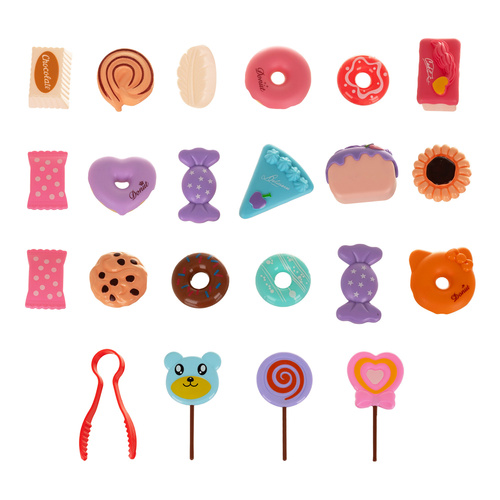 Set jucarie educativa 48 de piese pentru petrecerea de ceai KESNUP, ideal pentru copii 3+ ani, include ceainic, cesti, farfurii, tacamuri, bomboane, gogosi, macarons, fursecuri, geanta de protectie si transport cu unicorn, Multicolor