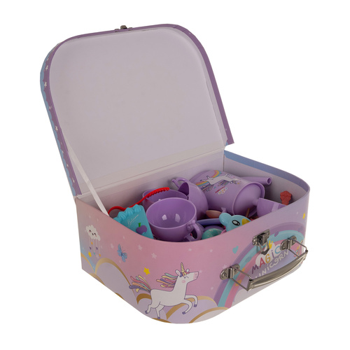 Set jucarie educativa 48 de piese pentru petrecerea de ceai KESNUP, ideal pentru copii 3+ ani, include ceainic, cesti, farfurii, tacamuri, bomboane, gogosi, macarons, fursecuri, geanta de protectie si transport cu unicorn, Multicolor