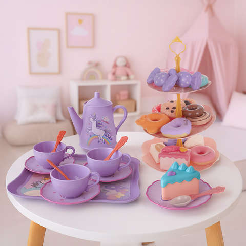 Set jucarie educativa 48 de piese pentru petrecerea de ceai KESNUP, ideal pentru copii 3+ ani, include ceainic, cesti, farfurii, tacamuri, bomboane, gogosi, macarons, fursecuri, geanta de protectie si transport cu unicorn, Multicolor