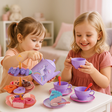 Set jucarie educativa 48 de piese pentru petrecerea de ceai KESNUP, ideal pentru copii 3+ ani, include ceainic, cesti, farfurii, tacamuri, bomboane, gogosi, macarons, fursecuri, geanta de protectie si transport cu unicorn, Multicolor