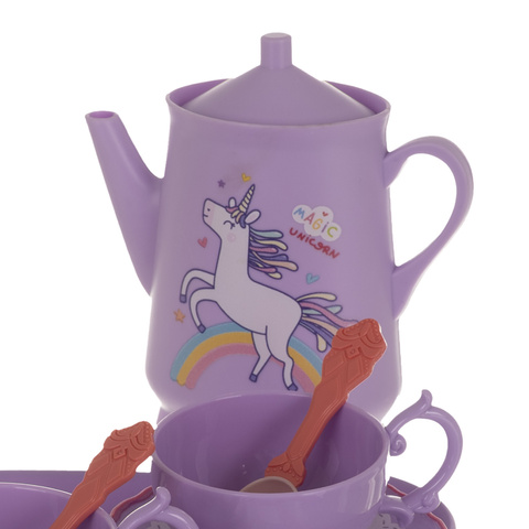 Set jucarie educativa 48 de piese pentru petrecerea de ceai KESNUP, ideal pentru copii 3+ ani, include ceainic, cesti, farfurii, tacamuri, bomboane, gogosi, macarons, fursecuri, geanta de protectie si transport cu unicorn, Multicolor