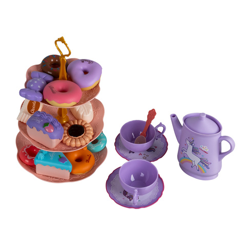 Set jucarie educativa 48 de piese pentru petrecerea de ceai KESNUP, ideal pentru copii 3+ ani, include ceainic, cesti, farfurii, tacamuri, bomboane, gogosi, macarons, fursecuri, geanta de protectie si transport cu unicorn, Multicolor
