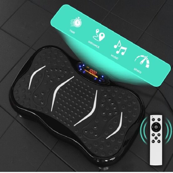 Aparat vibromasaj tip platforma cu suprafata presopunctura, ecran LCD si 2 benzi de rezistenta elastice KESNUP, cu telecomanda, 5 programe prestabilite, 100 trepte viteza, conectivitate boxe Bluetooth, greutate maxima 120 kg, alimentare 230V, Negru