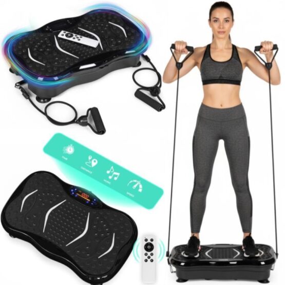 Aparat vibromasaj tip platforma cu suprafata presopunctura, ecran LCD si 2 benzi de rezistenta elastice KESNUP, cu telecomanda, 5 programe prestabilite, 100 trepte viteza, conectivitate boxe Bluetooth, greutate maxima 120 kg, alimentare 230V, Negru