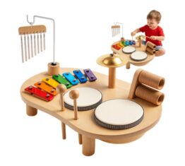 Set muzical educational Montessori tip masuta KESNUP, varsta 3+ ani, include xilofon, tobe, cinele si clopotei, pentru dezvoltarea senzoriala si motorie, materiale naturale sigure, design estetic, culori calde, dimensiuni 24.5 x 38.5 x 23.5 cm, Multicolor