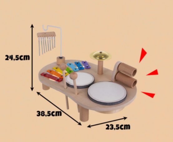 Set muzical educational Montessori tip masuta KESNUP, varsta 3+ ani, include xilofon, tobe, cinele si clopotei, pentru dezvoltarea senzoriala si motorie, materiale naturale sigure, design estetic, culori calde, dimensiuni 24.5 x 38.5 x 23.5 cm, Multicolor