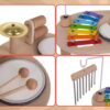 Set muzical educational Montessori tip masuta KESNUP, varsta 3+ ani, include xilofon, tobe, cinele si clopotei, pentru dezvoltarea senzoriala si motorie, materiale naturale sigure, design estetic, culori calde, dimensiuni 24.5 x 38.5 x 23.5 cm, Multicolor