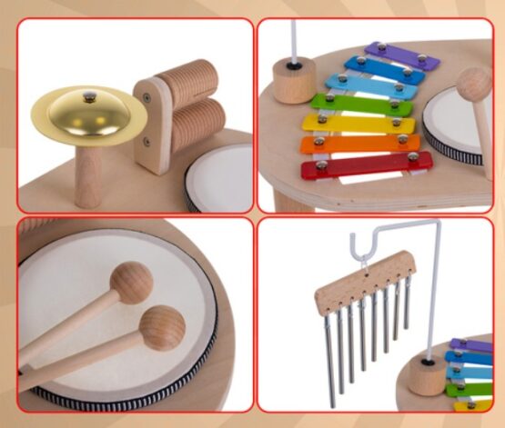 Set muzical educational Montessori tip masuta KESNUP, varsta 3+ ani, include xilofon, tobe, cinele si clopotei, pentru dezvoltarea senzoriala si motorie, materiale naturale sigure, design estetic, culori calde, dimensiuni 24.5 x 38.5 x 23.5 cm, Multicolor