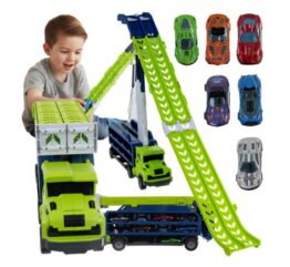 Set de joaca camion trailer cu pista de masinute KESNUP, 6 masinute metalice, include stickere colorate, materiale sigure, dimensiune pista 90.5 x 57 x 10 cm, Albastru / Verde