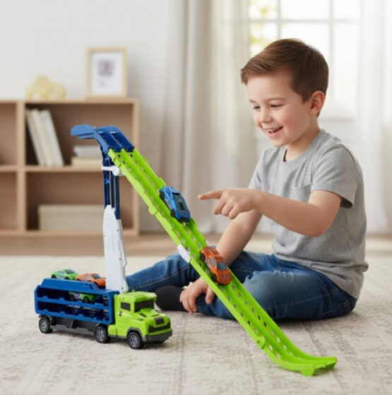 Set de joaca camion trailer cu pista de masinute KESNUP, 6 masinute metalice, include stickere colorate, materiale sigure, dimensiune pista 90.5 x 57 x 10 cm, Albastru / Verde 4 Set de joaca camion trailer cu pista de masinute KESNUP, 6 masinute metalice, include stickere colorate, materiale sigure, dimensiune pista 90.5 x 57 x 10 cm, Albastru / Verde