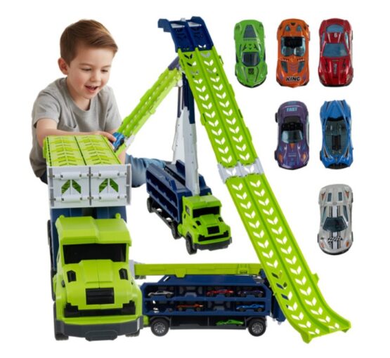 Set de joaca camion trailer cu pista de masinute KESNUP, 6 masinute metalice, include stickere colorate, materiale sigure, dimensiune pista 90.5 x 57 x 10 cm, Albastru / Verde 1 Set de joaca camion trailer cu pista de masinute KESNUP, 6 masinute metalice, include stickere colorate, materiale sigure, dimensiune pista 90.5 x 57 x 10 cm, Albastru / Verde
