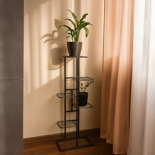 Suport metalic pentru flori si plante cu 6 etaje KESNUP, rezistent si stabil, stand de ghivece plante de interior / exterior, calitate superioara, dimensiuni 106 (inaltime) x 41 (lungime) x 22 (latime) cm, greutate maxima 20 kg, Negru
