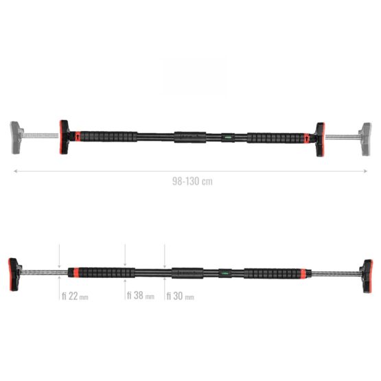 "Bara de tractiuni cu dimensiunea reglabila 98 - 130 cm KESNUP, materiale premium, cheie tubulara integrata, greutate maxima 150 kg, nivela de echilibru, diametru exterior bara: 30 mm, diametru maner: 38 mm, Rosu / Negru" 3 "Bara de tractiuni cu dimensiunea reglabila 98 - 130 cm KESNUP, materiale premium, cheie tubulara integrata, greutate maxima 150 kg, nivela de echilibru, diametru exterior bara: 30 mm, diametru maner: 38 mm, Rosu / Negru"