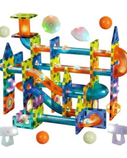 Set de constructie 3D blocuri magnetice 110 piese pentru copii KESNUP, panouri educationale cu magneti, pista cu bile, ideal pentru construirea de turnuri, poduri si tobogane, dezvolta imaginatia si creativitatea, varsta 3+ ani, Multicolor