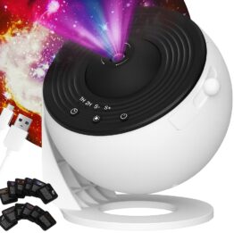 Proiector stele si galaxii cu 13 discuri de proiectie pentru camera copilului KESNUP, format 3D HD, include sisteme solare, planete, Calea Lactee, Andromeda, unghi reglabil, rotatie la 360° grade, functie de lampa de veghe, alimentare USB, Alb