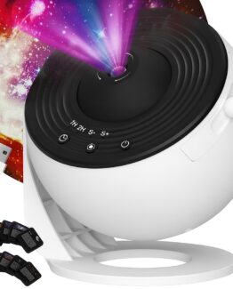 Proiector stele si galaxii cu 13 discuri de proiectie pentru camera copilului KESNUP, format 3D HD, include sisteme solare, planete, Calea Lactee, Andromeda, unghi reglabil, rotatie la 360° grade, functie de lampa de veghe, alimentare USB, Alb