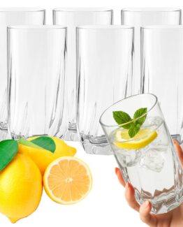 Set 6 pahare sticla pentru bauturi racoritoare KESNUP, volum 340 ml, inaltime 14 cm, diametru 7.5 cm, pentru apa, sucuri, limona, cocktal-uri, material rezistent la zgarieturi, Transparent