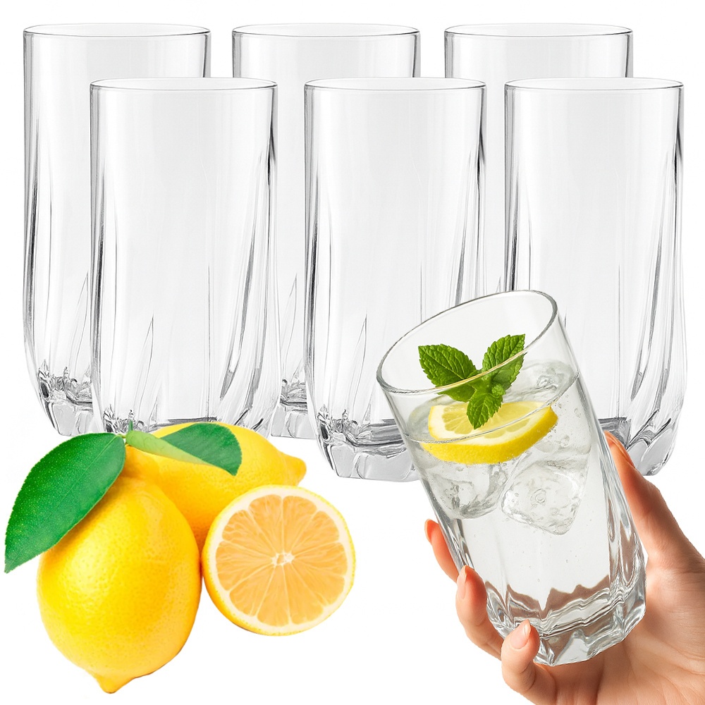 Set 6 pahare sticla pentru bauturi racoritoare KESNUP, volum 340 ml, inaltime 14 cm, diametru 7.5 cm, pentru apa, sucuri, limona, cocktal-uri, material rezistent la zgarieturi, Transparent