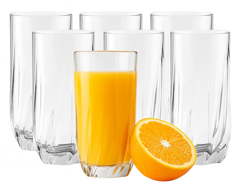 Set 6 pahare sticla pentru bauturi racoritoare KESNUP, volum 340 ml, inaltime 14 cm, diametru 7.5 cm, pentru apa, sucuri, limona, cocktal-uri, material rezistent la zgarieturi, Transparent